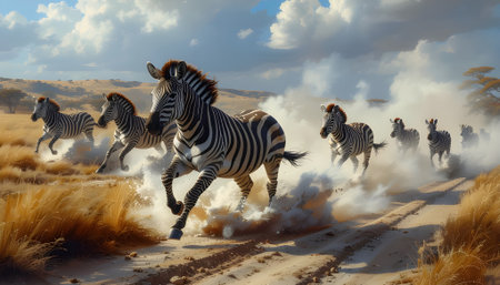 Majestic zebras in full gallop, a powerful stampede across the wild grasslands of Africa under a dramatic skyの素材