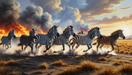 Zebras Fleeing Savanna Wildfire A Dramatic Sunset Sceneの素材