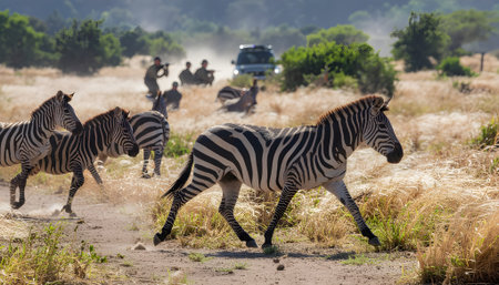 Galloping herd of zebras crosses a dusty track during a thrilling wildlife safari adventure in the African bushの素材