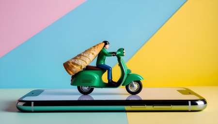 Conceptual image of an online food delivery service. A miniature courier on a green scooter carrying bread on a smartphone.の素材