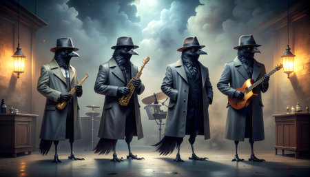 Avian Blues Quartet A surreal noir concept of mysterious crow musicians in fedora hats and trench coats.の素材