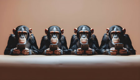 Four chimpanzee figurines in a row, humorously representing modern digital addiction and constant smartphone use.の素材