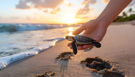 Human hand releasing a tiny baby sea turtle hatchling onto a sandy beach at sunset. Wildlife conservation and helping new life concept.の素材