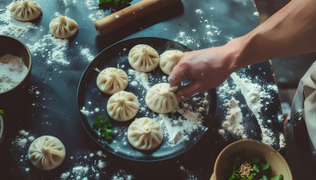 Artisan chef preparing traditional homemade dumplings on a dark, flour-dusted kitchen counter. Culinary process of making fresh dough food.の素材