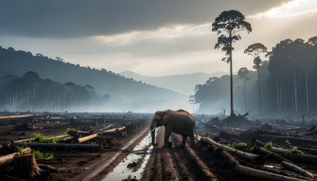A solitary elephant traverses a muddy, deforested landscape, a poignant symbol of wildlife habitat destruction and environmental change.の素材
