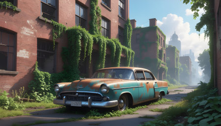 Forgotten classic car parked on a desolate, ivy-covered street in an abandoned urban landscape.の素材