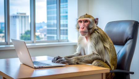 A rhesus macaque monkey sitting in an office chair and typing on a laptop, illustrating the concept of monkey business.の素材
