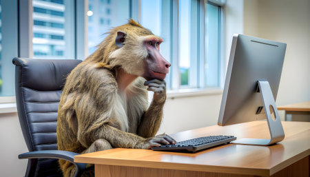 A pensive macaque monkey working on a computer in a modern office, a humorous concept of primate intelligence and corporate business.の素材
