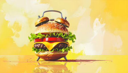 A conceptual cheeseburger alarm clock symbolizing mealtime. Surreal art showing it's time to eat on a yellow background.の素材