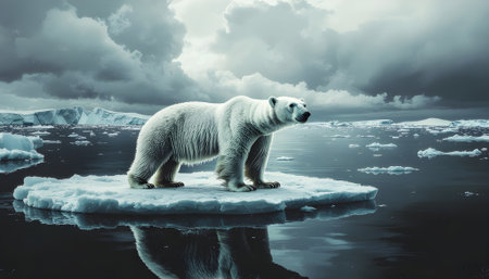 A solitary polar bear stranded on a small, melting ice floe, a powerful depiction of climate change and wildlife survival in the arctic.の素材