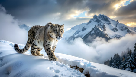 Majestic snow leopard walking on a snowy mountain ridge with dramatic alpine peaks in the background at sunrise.の素材