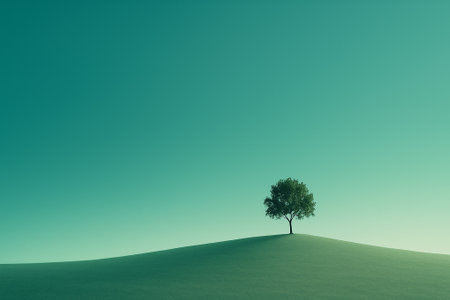 A solitary tree stands tall on a gentle, rolling green hill under a vast, serene teal sky, evoking a sense of peace and solitudeの素材