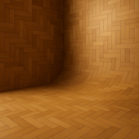 Warm and inviting curved wooden floor studio background with a herringbone pattern, ideal for product display and creative projectsの素材