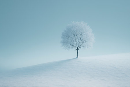 A lone snow-covered tree stands gracefully on a softly lit, rolling hill under a clear, pale blue sky, evoking a sense of winter solitude and serene beautyの素材