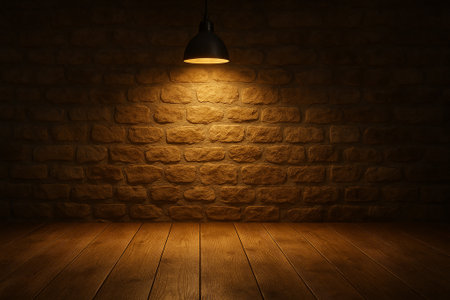 Illuminated brick wall and wooden floor with a pendant light casting a warm glow, creating a cozy and inviting atmosphereの素材