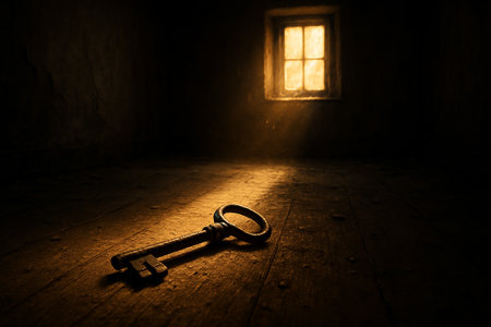 An antique skeleton key rests on a dusty wooden floor, illuminated by a beam of light from a small windowの素材
