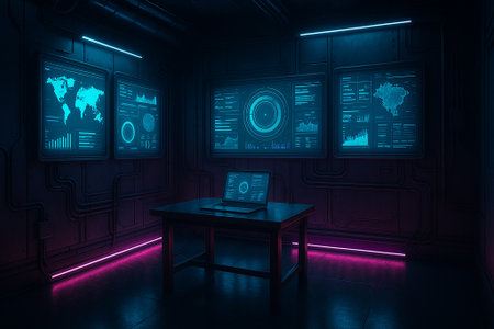 Futuristic data analysis room with glowing world maps and interactive screensの素材