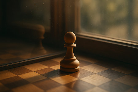A solitary white pawn rests on a wooden chessboard, bathed in soft light near a windowの素材