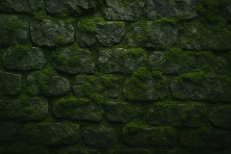 Old stone wall covered in moss and lichen, suggesting age and nature's reclamationの素材