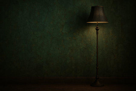 A vintage floor lamp casting a warm glow in a dimly lit room with textured wallsの素材