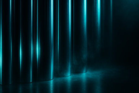 Abstract blue futuristic studio background with reflective floor and vertical illuminated columnsの素材