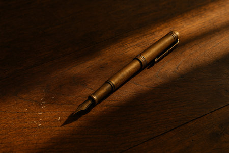 A vintage brass fountain pen rests on a dark wooden surface, bathed in soft light, with scattered fragments of paper nearbyの素材