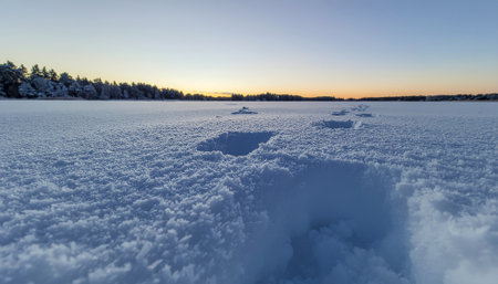 Snowy winter landscape with footprints in the foreground, leading towards a distant forest under a pale, dusky skyの素材