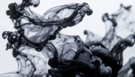 Abstract black ink swirling and dissolving in water, creating delicate, cloud-like patterns against a white background, showcasing fluid dynamicsの素材