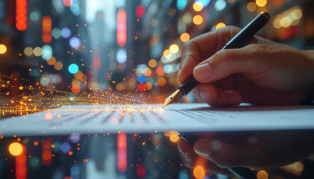 Close up of a person signing a contract with a fountain pen, with a blurred city skyline in the background during the nightの素材