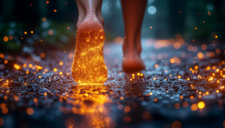 Barefoot journey through a magical forest leaving a trail of glowing embersの素材