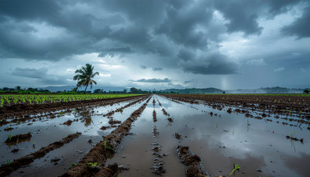 Reflection of a lush green field under a stormy sky, showcasing agricultural growth after rainfallの素材