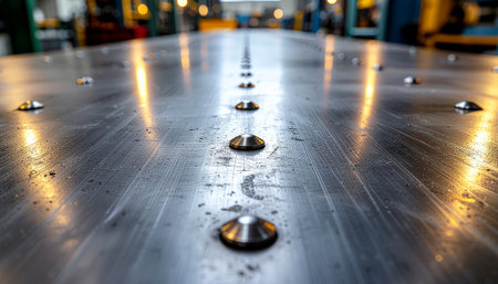 Industrial metal surface with a detailed close-up of rivets, showcasing manufacturing and engineering precisionの素材