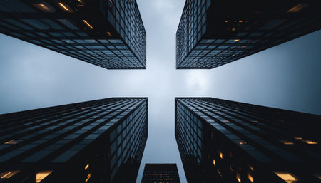 Modern architectural marvels of towering skyscrapers against a dramatic sky, showcasing urban design and cityscapesの素材