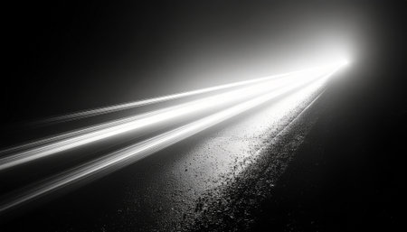 Abstract light trails emanating from a vanishing point in a dark environment, creating a sense of speed and movementの素材