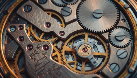 Close-up view of intricate clockwork mechanism with gears and springs in motionの素材