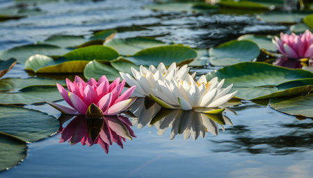 Close-up of two beautiful water lilies, one pink and one white, blooming serenely on a calm pond surrounded by green lily padsの素材