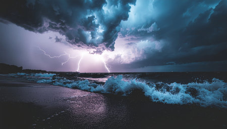Dramatic thunderstorm over the ocean with lightning striking the water near the shoreの素材