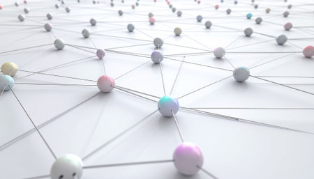 Abstract network connections and digital data nodes on a white background, representing global connectivity and information flowの素材
