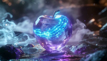 Mysterious Glowing Apple with Swirling Blue Energy in a Dark, Misty Environmentの素材