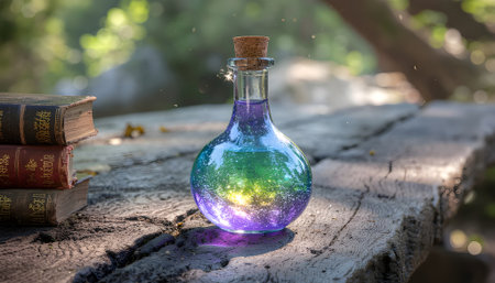 Enchanted Elixir Rainbow Potion on Weathered Wood with Ancient Booksの素材