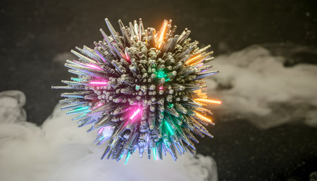 Abstract spherical object with illuminated spikes against a smoky backgroundの素材