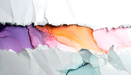 Dynamic abstract ink flowing through a torn paper canvas, revealing vibrant colors and textured layersの素材