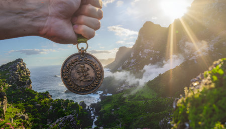 Conquering Peaks A Medallion Earned Amidst Majestic Sceneryの素材