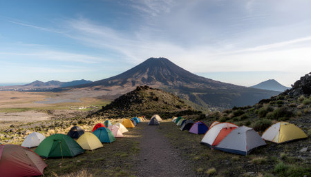 Camping tents set up in a row on a mountain trail with a volcano in the backgroundの素材