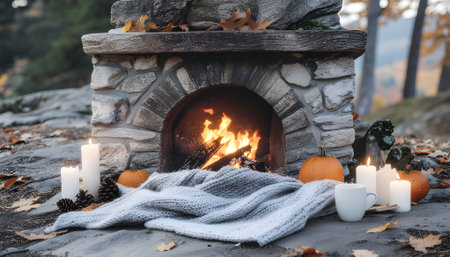 Cozy Autumn Scene Fireplace, Blankets, and Pumpkins for a Relaxing Seasonの素材