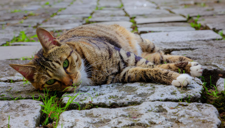 A serene tabby cat enjoys a peaceful moment of relaxation on a rustic stone path outdoors, displaying quiet contentmentの素材