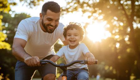 Cherished family moments as a dad helps his cheerful son learn to cycle outdoorsの素材