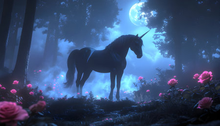 A mythical unicorn stands in an enchanted forest bathed in moonlight and mistの素材