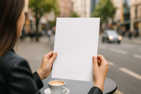 Woman sitting outdoors with coffee, holding up a blank white sheet of paper on a city streetの素材