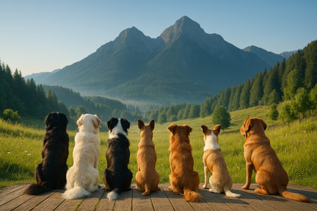 Seven dogs sit on a wooden platform overlooking a serene mountain landscape with trees.の素材